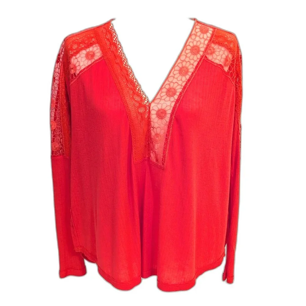 Free People | Oversized Lola Lace Long Sleeve Top in Rose Crimson | Size XS